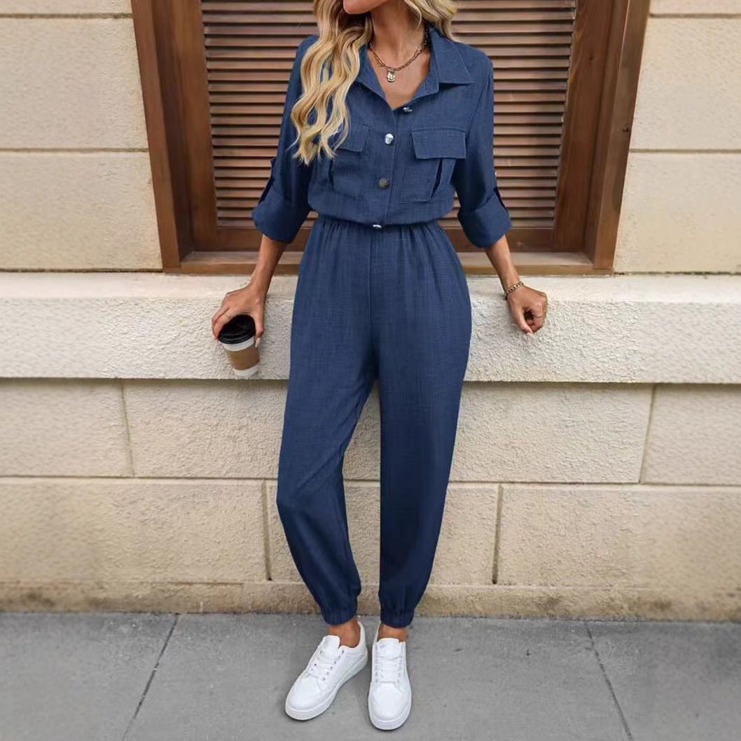 Long-sleeved Lapel Jumpsuit – Stylish Women's Fashion Shirt Jumpsuit for a Chic Look