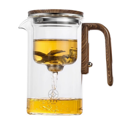 Magnetic Separation Glass Teapot with Wooden Handle and Inner Filtration System