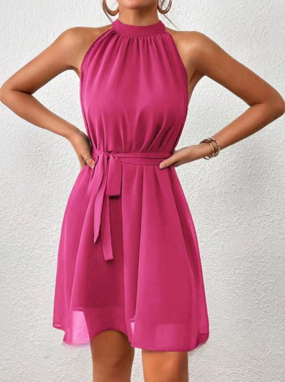 Strapless Chiffon High Waist Dress – Elegant Women’s Lace-up Solid Color Dress