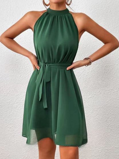 Strapless Chiffon High Waist Dress – Elegant Women’s Lace-up Solid Color Dress