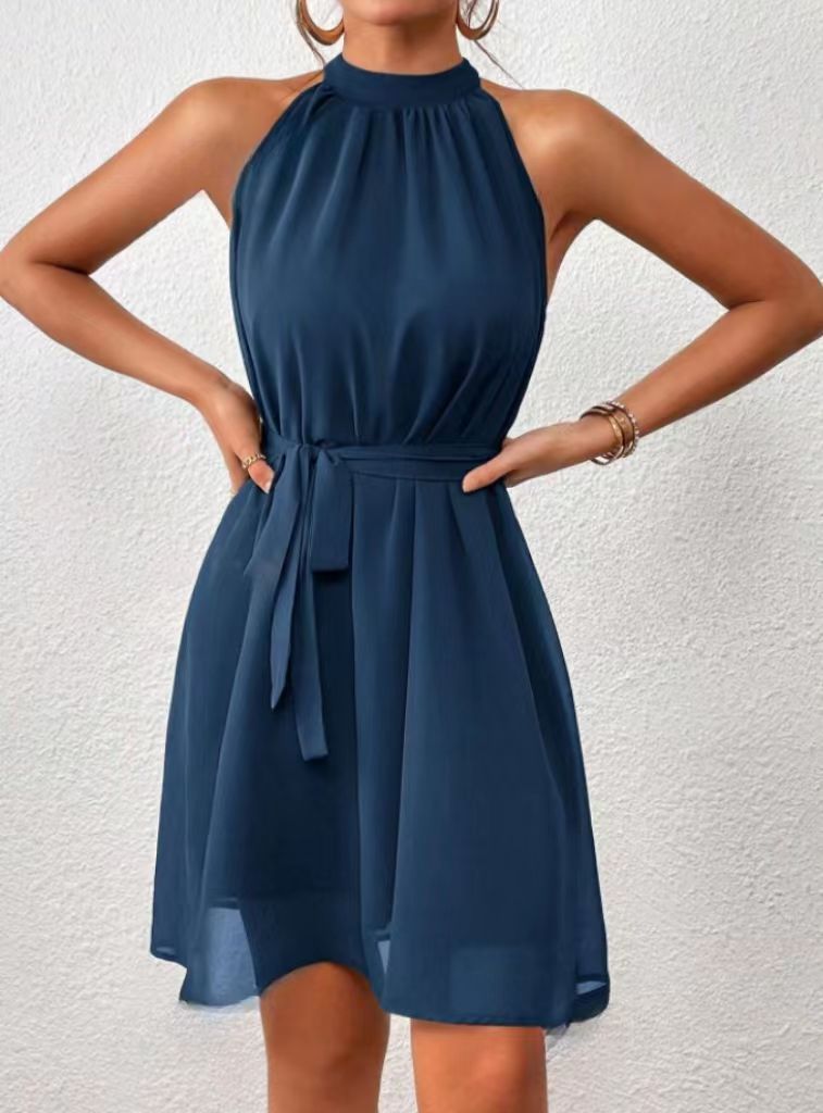 Strapless Chiffon High Waist Dress – Elegant Women’s Lace-up Solid Color Dress