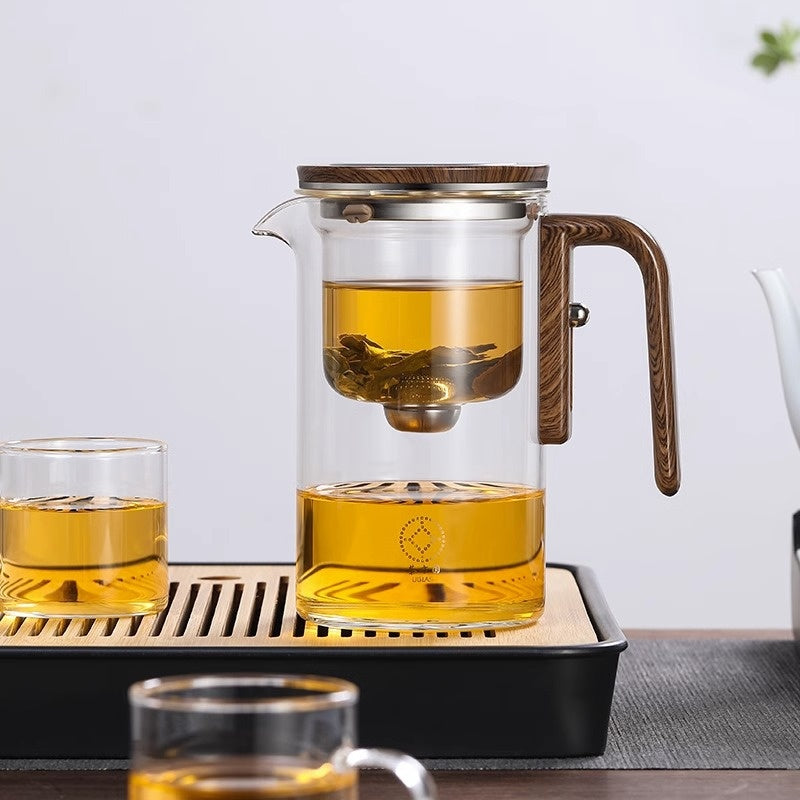 Magnetic Separation Glass Teapot with Wooden Handle and Inner Filtration System