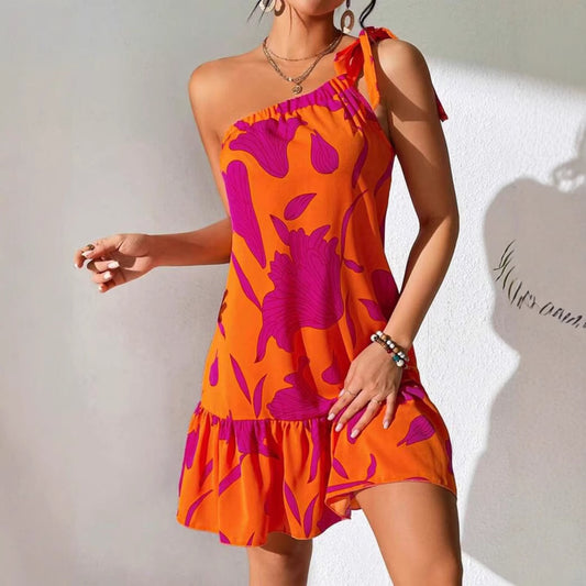 Oblique Shoulder Strap Dress – Trendy Women’s Fashion Printed Dress for Every Occasion