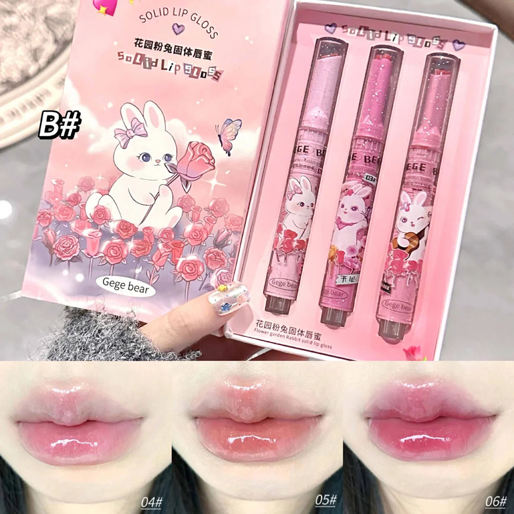 Garden Pink Rabbit Lip Balm Set by Gege Bear – Tender, Watery Moisturizing Gloss