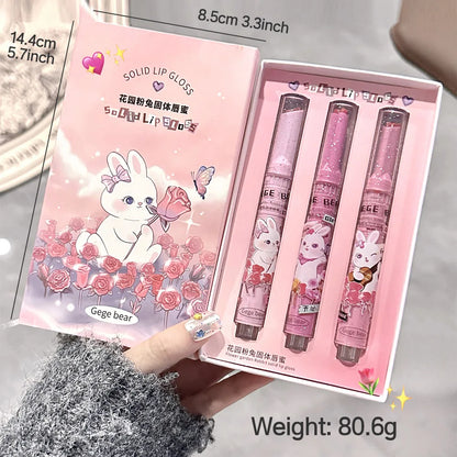 Garden Pink Rabbit Lip Balm Set by Gege Bear – Tender, Watery Moisturizing Gloss