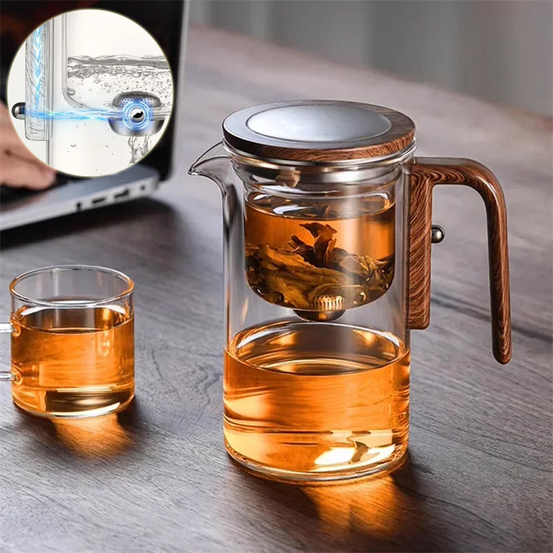 Magnetic Separation Glass Teapot with Wooden Handle and Inner Filtration System