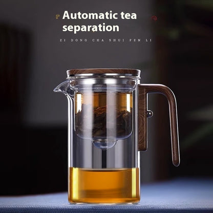 Magnetic Separation Glass Teapot with Wooden Handle and Inner Filtration System