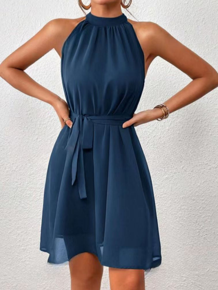 Strapless Chiffon High Waist Dress – Elegant Women’s Lace-up Solid Color Dress