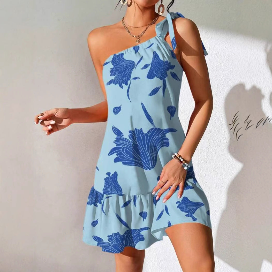 Oblique Shoulder Strap Dress – Trendy Women’s Fashion Printed Dress for Every Occasion